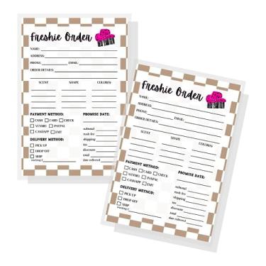 Imagem de Formulários de pedido Freshie | Pacote com 50 etiquetas de perfume de 12,7 x 17,8 cm para pedidos de clientes em massa quadriculada para pedidos personalizados Instruções de cuidados com a folha