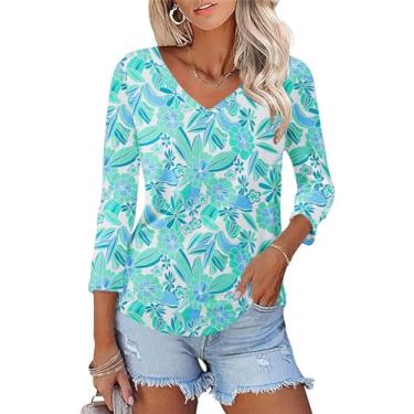 Imagem de KTILG Camisetas femininas com gola V, manga 3/4, blusas de verão, elegantes, casuais, lisas, básicas, Verde menta grande floral, G
