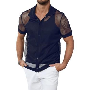 Imagem de Camisa masculina casual de malha com botões de manga curta transparente arrastão praia verão camisas masculinas, Azul escuro, P