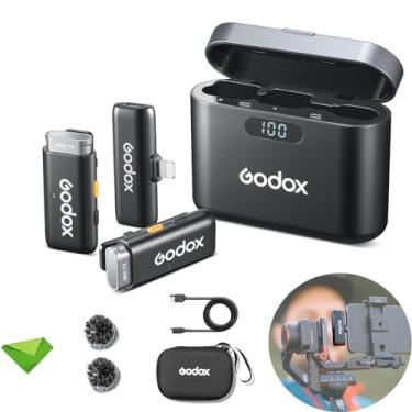 Imagem de Godox WES1 Kit2 Microfones sem fio de 2,4 GHz, bateria de 8 horas, microfone sem fio de 2,4 G, alcance de 200 m (656 pés) Microfone de lapela sem fio com controle de APP (kit de canal duplo)