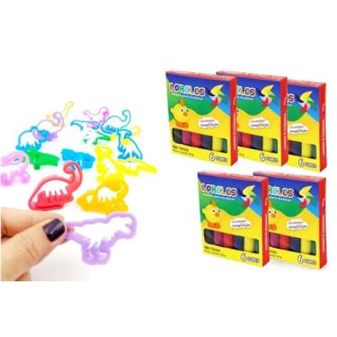 Imagem de Kit 5 Caixas Massinha 65g + 50 Cortadores Dinossauros Forminhas Massa Modelar Mimos Pré História