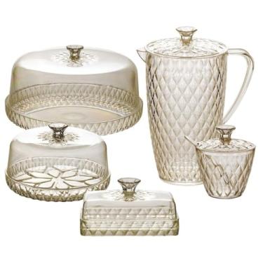 Imagem de Conjunto 5 peças: Boleira Baixa, Queijeira, Manteigueira, Açucareiro com Colher e Jarra Acrílico Âmbar