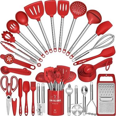 Imagem de Conjunto de utensílios de cozinha - Umite Chef 34 peças utensílios de cozinha com ralador, espátula de colher, silicone resistente ao calor, alças de aço inoxidável, utensílios de cozinha conjunto de ferramentas para panelas antiaderentes (vermelho)