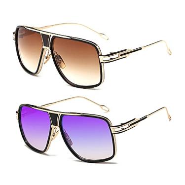 Imagem de GOBIGER Óculos de sol aviador para homens, retrô, moderno, armação de liga metálica, Pacote com 2/lentes marrons + lente roxa gradiente, Medium