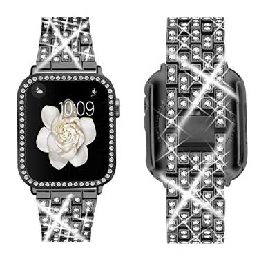Imagem de Supoix Compatível com Apple Watch Band 45 mm + capa, pulseira de metal de substituição de diamante brilhante e capa protetora de TPU macio para iWatch Series 7/8 (preto)