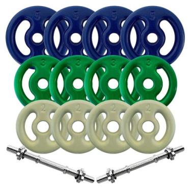 Imagem de Kit 40Kg em Anilhas Emborrachadas com 2 Barras Maciça de Rosca 40cm - 