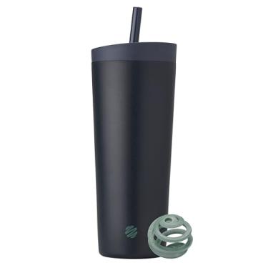 Imagem de BlenderBottle Coqueteleira térmica 2 em 1 de aço inoxidável, tampa à prova de vazamento, canudo, liquidificador, sem BPA, para shakes de proteína, vitaminas e pré-treino, 680 g, azul (meia-noite)