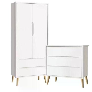 Imagem de Guarda Roupa 2 Portas E Cômoda 3 Gav Theo Branco Fosco Pés Madeira Natural Reller Móveis