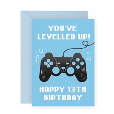 Imagem de CENTRAL 23 Cartão divertido de aniversário de 13 anos para meninos - "You Levelled Up!" - Feliz décimo terceiro aniversário - treze anos de idade - 13 anos - cartão azul para jogadores - para adolescente - filho, neto, ele