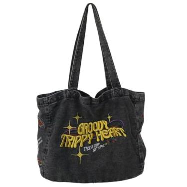 Imagem de OATSBAS Bolsas transversais femininas casuais jeans bordadas, bolsa de ombro de viagem com zíper, Preto, Durável, resistente