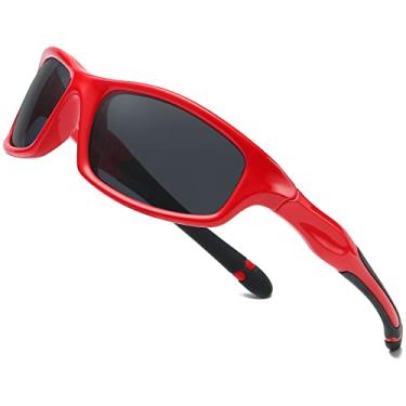 Imagem de Óculos de sol polarizados estilo esportivo infantil Duco Armação flexível de borracha para meninos e meninas K006, Red Frame Black Temple Grey Lens, Middle