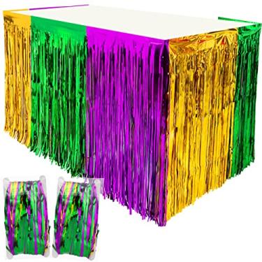 Imagem de MGZTTHW Pacote Com 2 Saias De Mesa Com Franjas De Carnaval, 2,5 X 9 Pés, Decorações De Carnaval, Cortinas Com Franjas De Papel Alumínio Verde, Roxo E Dourado Metálico Para Fundo De Fotos De Mesa De