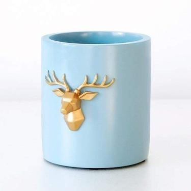 Imagem de Porta-lápis criativo chifres moderno estilo simples decoração de mesa pote de caneta material de resina pequeno suporte de caneta com tapete antiderrapante organizador de pincéis de maquiagem (azul,
