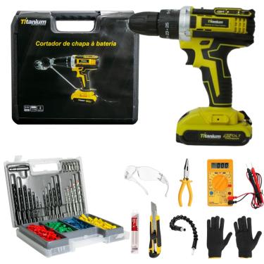 Imagem de Parafusadeira a Bateria 21v com 35 acessórios e Cortador de Chapa + Kit de Alta Performance - Titanium