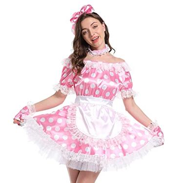 Imagem de Hoplizy Avental francês feminino Sissy vestido de cetim com bolinhas cosplay fantasia crossdress, rosa, XXG