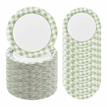 Imagem de FALIZIFU 50 peças de pratos de papel guingão verde sálvia 18 cm descartáveis pratos de jantar xadrez para casamento, chá de bebê, suprimentos de festa de aniversário, prato de sobremesa descartável