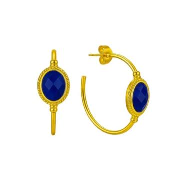 Imagem de Gempires Brincos de argola redonda de lápis-lazúli para mulheres, conjunto de bisel banhado a ouro 14K, pedra preciosa natural, hipoalergênico, leve, presente para ela uso diário elegante, Medium