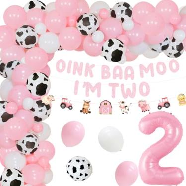 Imagem de Balterever Decoração De Festa Fazenda Vacas Rosa Para Meninas, 2º Aniversário, Balões Animais, Arco, Guirlanda, Oink Baa Moo, Banner I Am Two, Zoológico, Celeiro
