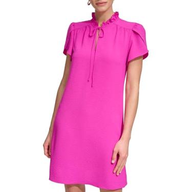 Imagem de DKNY Vestido trapézio feminino com laço frontal e babados, Rosa poderoso, 38