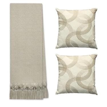 Imagem de Kit Manta Decorativa Para Sofá 1,40 x 1,80 Com 2 Capas De Almofadas (MANTA BEGE- 2 CAPAS RINGS)