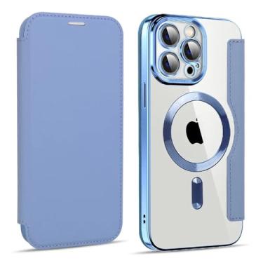 Imagem de Capa de couro flip com carregamento sem fio para iPhone 11, 12, 13, 14Plus, 15 Pro Max, capa transparente à prova de choque com compartimento para cartão de visita, azul-celeste, para iPhone 13Pro Ma