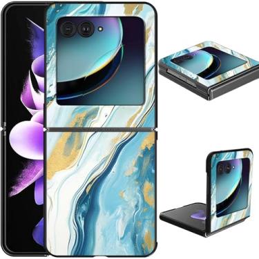 Imagem de GFRGTFHYT Capa protetora à prova de choque para Motorola Razr 2024/Moto Razr 50 fina e leve em policarbonato com design moderno de mármore azul-petróleo à prova de choque