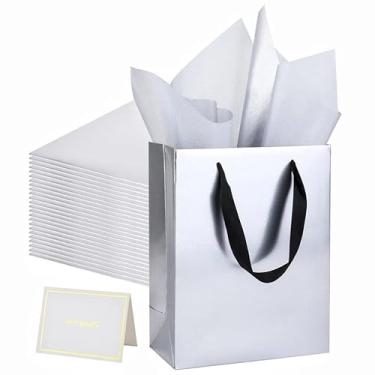 Imagem de UoeRing Pacote com 25 sacos de presente de agradecimento com alças 24 x 19 x 9,5 cm, sacos de presente de aniversário médios com papel de seda e cartão para casamento, dama de honra, feriados, dia das