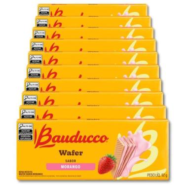 Imagem de Biscoito Wafer Bauducco Morango Kit 10 Pacotes de 92g
