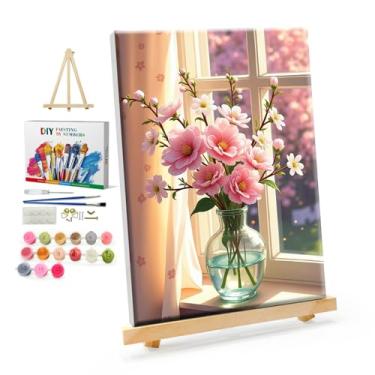 Imagem de YOYA Kit de pintura emoldurada por números para adultos – kit de pintura de flores por números em tela com cavalete, pintura de flores DIY por número tela emoldurada para decoração de parede de casa