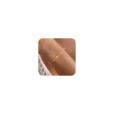 Imagem de HABIKIP Pulseira feminina com cruz de ouro, delicada, banhada a ouro 14 k, zircônia cúbica, berloques de Jesus com nó de amor, pulseiras modernas com elos de pérola fina, clipe de papel, pulseiras de