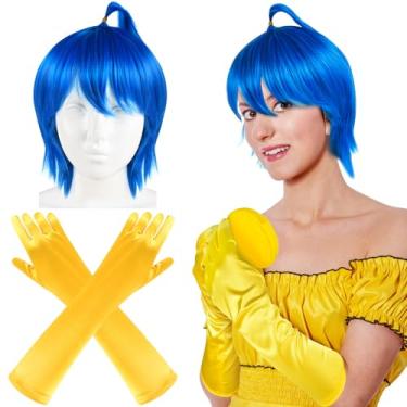 Imagem de TLY Peruca curta com touca de peruca, perucas de cabelo de fantasia de Halloween com luvas e bolsa para mulheres, fantasia de Halloween, emoção, cosplay (azul celeste)