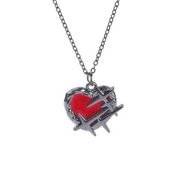 Imagem de Colar vintage com pingente de estrela de coração vermelho para mulheres e homens, punk, exclusivo, banhado a prata, com estrelas do amor, corrente ajustável, joia moderna para sua melhor amiga 49,8 cm