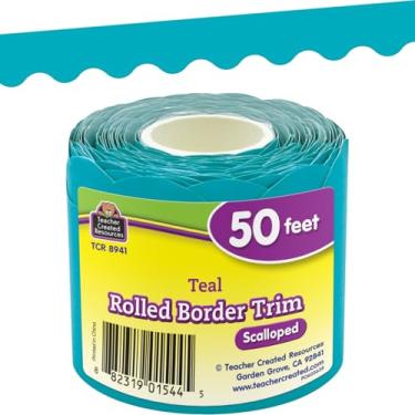 Imagem de Teacher Created Resources Acabamento de borda enrolada azul-petróleo - 15 metros - Decore quadros de avisos, paredes, mesas, janelas, portas, armários, escolas, escolas, escolas e escritórios