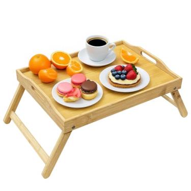 Imagem de CUXFLS Bandeja de cama de bambu com pernas e alças dobráveis - Bandeja de café da manhã ideal para sofá e cama, perfeita para comer, trabalhar lanches e laptops - natural