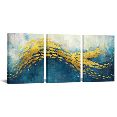 Imagem de KREATIVE ARTS Arte de parede de peixe dourado abstrato oceano azul impressões em tela escola de peixes arte para banheiro quarto sala de estar decoração costeira náutica moderna conjunto de 3 12x16