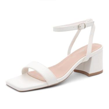 Imagem de Shoe Land Salto baixo feminino – bico quadrado aberto tira no tornozelo salto grosso | Sandálias sociais com laço duplo para casamento, noiva e festa, 2501 branco, 36