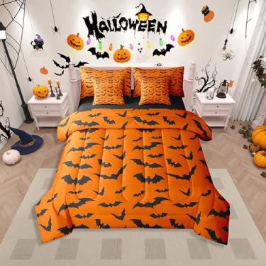 Imagem de Erosebridal Conjunto de edredom de Halloween, cama de morcego, tamanho Queen, 7 peças, animais góticos, crianças, doces ou travessuras, laranja, preto, meninos