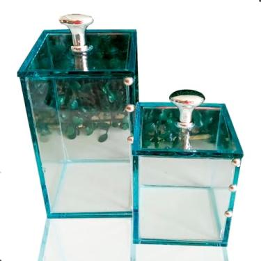 Imagem de Porta Algodão + Porta Cotonete Kit Banheiro Lavabo Luxo Vidro Acessórios Organizadores para Banheiro (Transp. Prata)