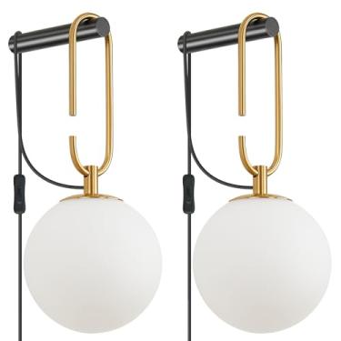 Imagem de Arandela de parede plug-in com lâmpada G9, luminária de parede globo suspenso, acabamento preto e dourado e sombra de vidro redonda, lâmpada de parede de esfera moderna para quarto, cabeceira