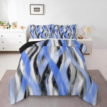 Imagem de Erosebridal Conjunto de edredom solteiro com listras geométricas, moderno, abstrato, cinza, preto, azul, para crianças, meninos, meninas, adolescentes, geométrico, linhas, edredom para decoração de