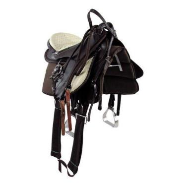 Imagem de Sela Australiana De Arco Marrom e Bege Inox Luxo 16 Polegadas + Acessó