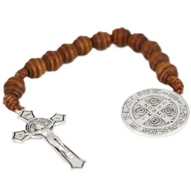 Imagem de zmzdp Rosário de bolso de oração com medalha de San Benitol e crucifixo católico contas de madeira marrom para homens, rosário de bolso, contas delicadas de oração de 23 cm, rosários de contas