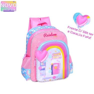 Imagem de Mochila De Costas Com Glitter e Coração Fofo Arco-íris Infantil Escola