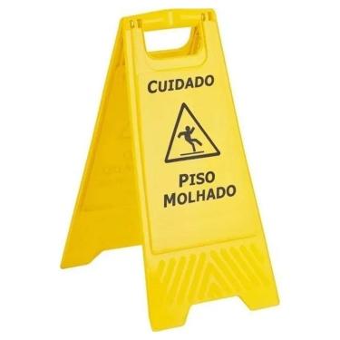 Imagem de Placa Sinalizacao Piso Molhado Amarela Cavalete