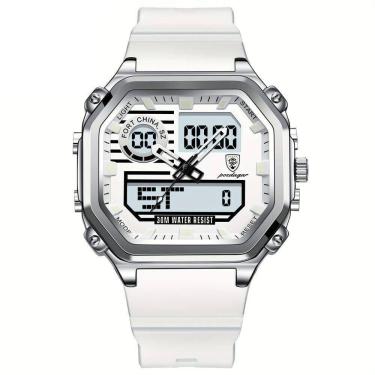 Imagem de Relógio Esportivo Masculino Pulseira Em Silicone Display Híbrido Digital Analógico Branco Prata