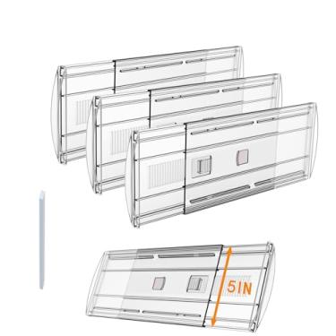Imagem de Pacote com 3 divisórias de gaveta ajustáveis para roupas, 12,7 cm de altura, expansível de 33 a 56 cm, separadores de plástico de policarbonato para cômoda/quarto/banheiro/cozinha/armazenamento de