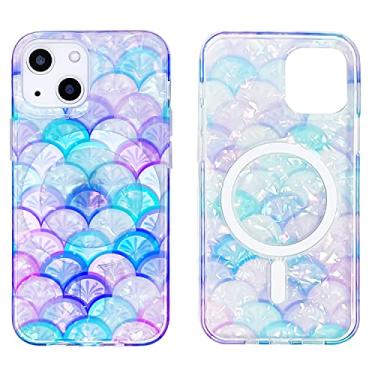 Imagem de Capa magnética para iPhone 13 Mini 5,4 polegadas compatível com MagSafe carregamento macio TPU bumper capa protetora fofa à prova de choque com protetor de tela (escamas de sereia pérola)