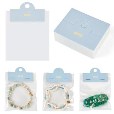 Imagem de Beadthoven 100 peças sacos de celofane bolsas de exibição de joias retangular bolsa organizadora de joias com linda estampa azul dobrável de papel pendurado cabeçalho para pequenas empresas, pulseiras