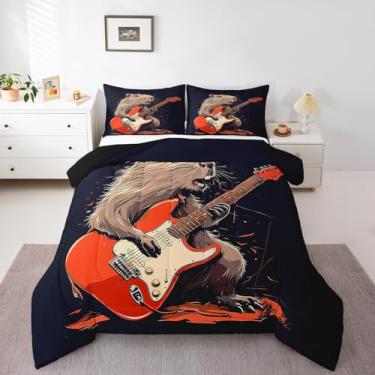 Imagem de Lindo jogo de cama casal de capivara, hipster grunge, para amantes de animais de capivara, para crianças, meninos, castor fofo, roedor, decoração de instrumentos musicais