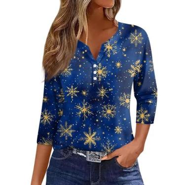 Imagem de Camiseta feminina com estampa de flocos de neve COTECRAM, manga 3/4, a